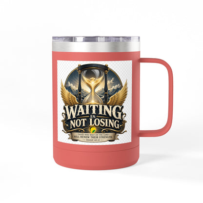 Waiting Is Not Losing mug | Inspirational hourglass design, gold wings, 15oz tumbler