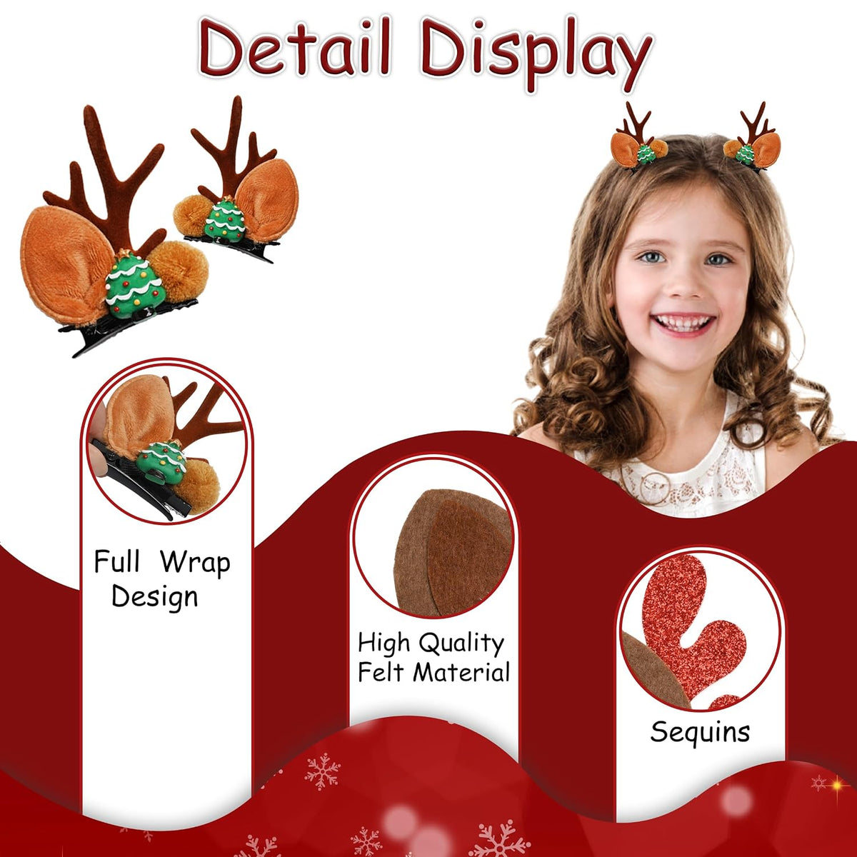 16PCS Reindeer Antler Hair Clips Christmas Pine Cone Headband