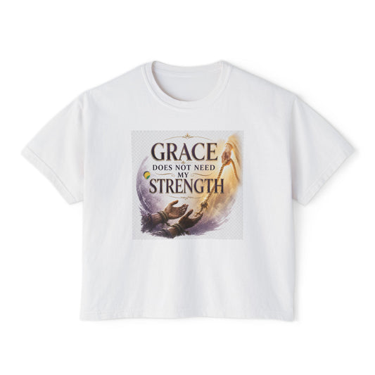 Christian Inspirational Boxy Tee — "Grace Does Not Need Strength" / "My Soul Will Hope Again"