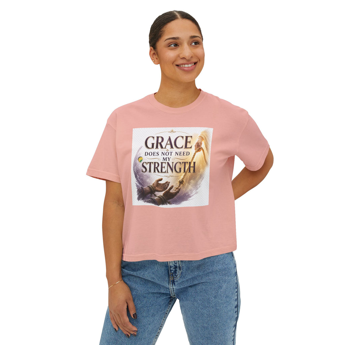 Christian Inspirational Boxy Tee — "Grace Does Not Need Strength" / "My Soul Will Hope Again"