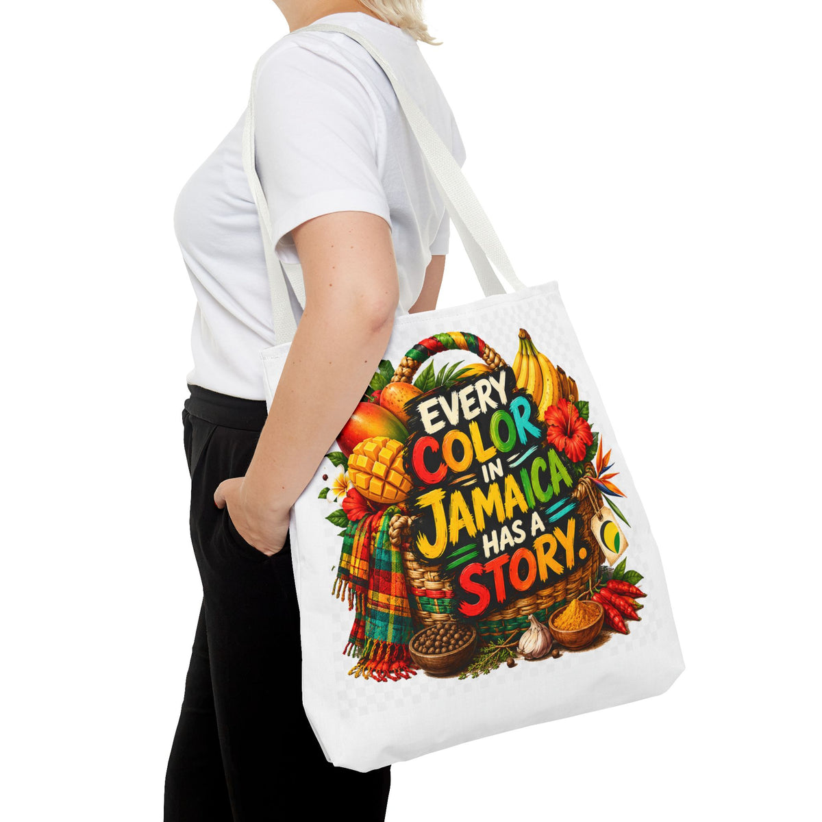 Jamaica Story Tote Bag — "Every Color in Jamaica Has a Story" All-Over Print