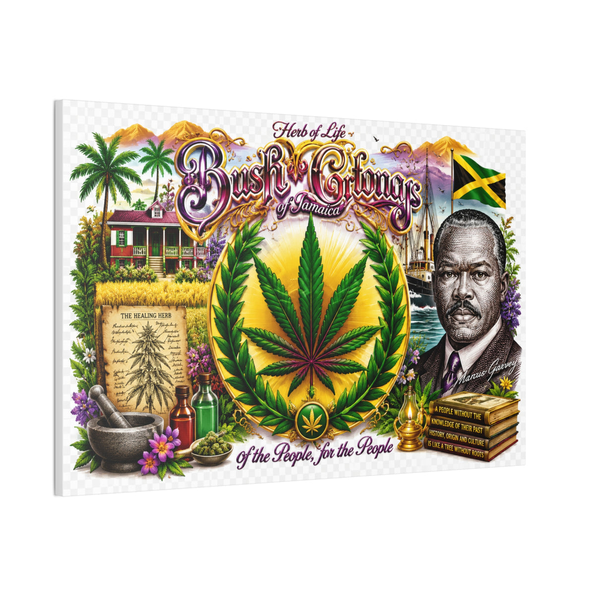 Reggae Herb of Life Canvas Print — Jamaican Rastafarian Cannabis Artwork, 'Bush & Curvns' Decorative Wall Art