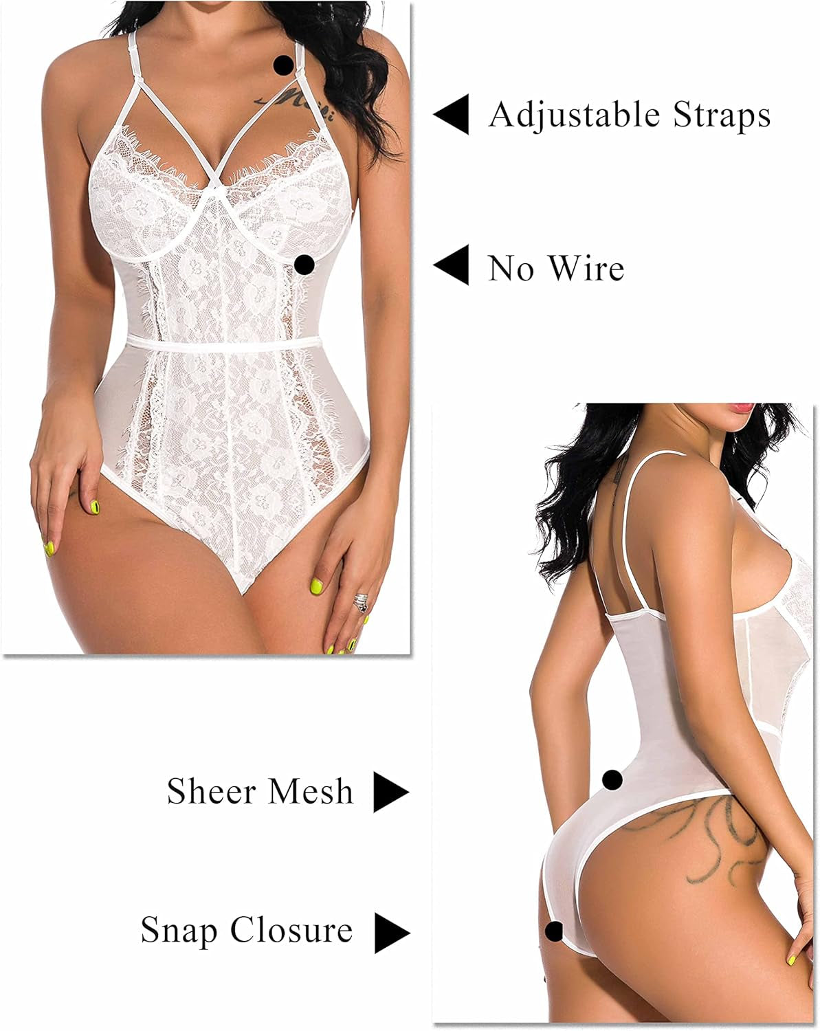Lingerie for Women Eyelash Lace Strappy Sexy Teddy Babydoll Lingerie with Snap Crotch
