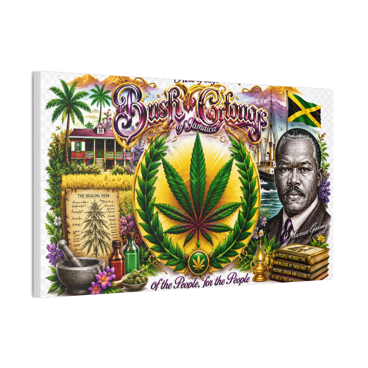 Reggae Herb of Life Canvas Print — Jamaican Rastafarian Cannabis Artwork, 'Bush & Curvns' Decorative Wall Art