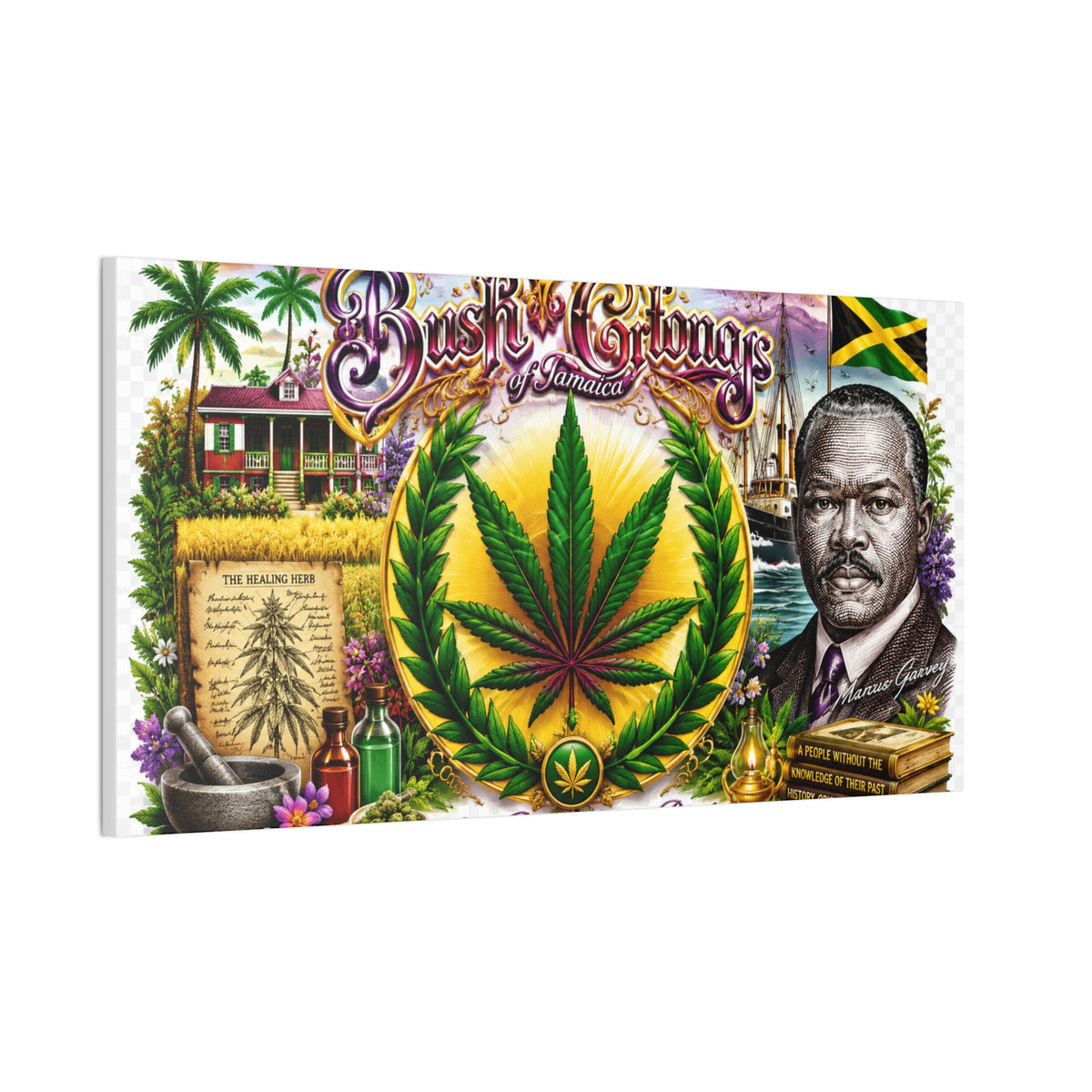 Reggae Herb of Life Canvas Print — Jamaican Rastafarian Cannabis Artwork, 'Bush & Curvns' Decorative Wall Art