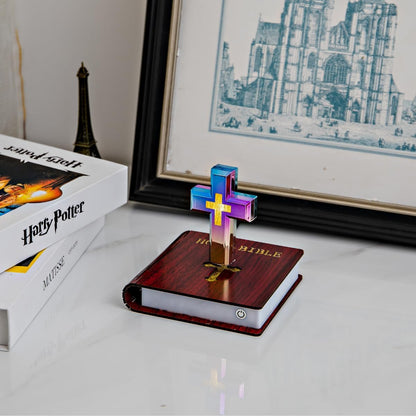 Levitating Cross Lamp with Floating Cross over Bible