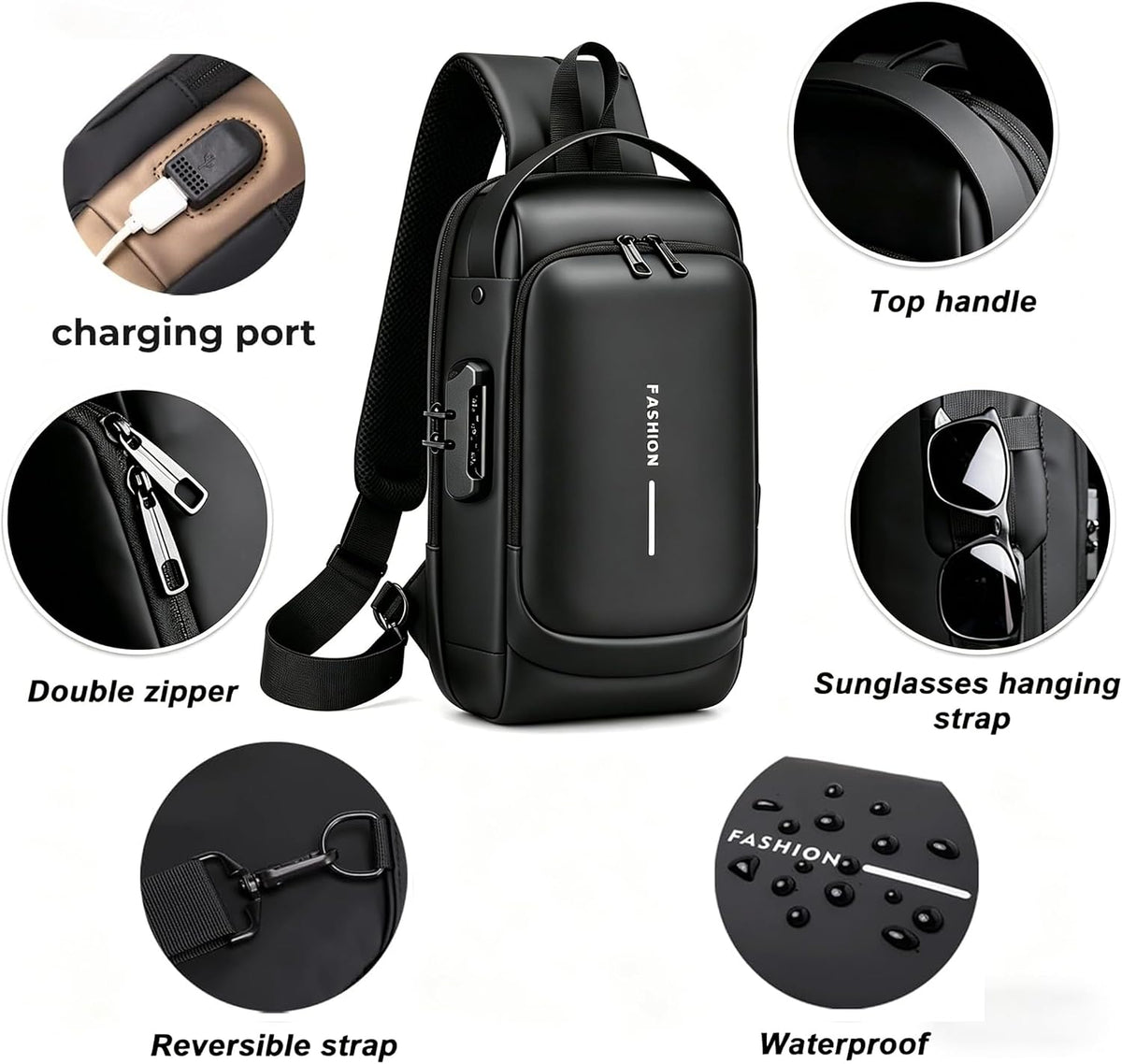 Sling Bag for Men Women, Theft Crossbody Backpack with USB Charging Port, Waterproof Chest Bag with Password Lock