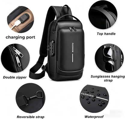 Sling Bag for Men Women, Theft Crossbody Backpack with USB Charging Port, Waterproof Chest Bag with Password Lock