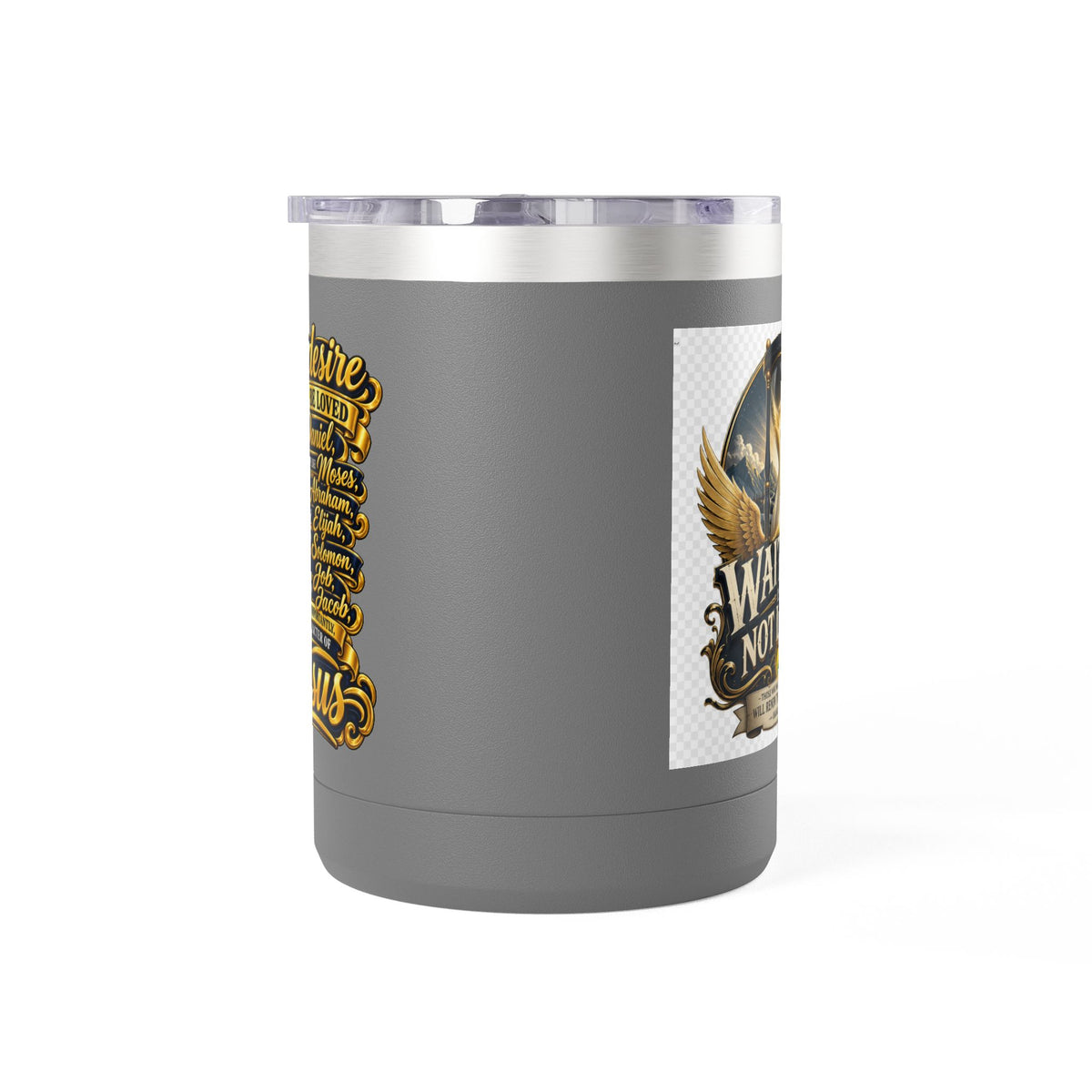 Waiting Is Not Losing mug | Inspirational hourglass design, gold wings, 15oz tumbler