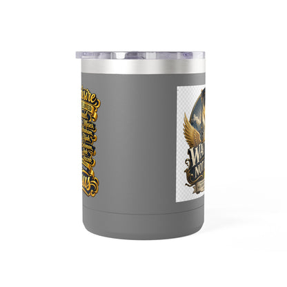 Waiting Is Not Losing mug | Inspirational hourglass design, gold wings, 15oz tumbler