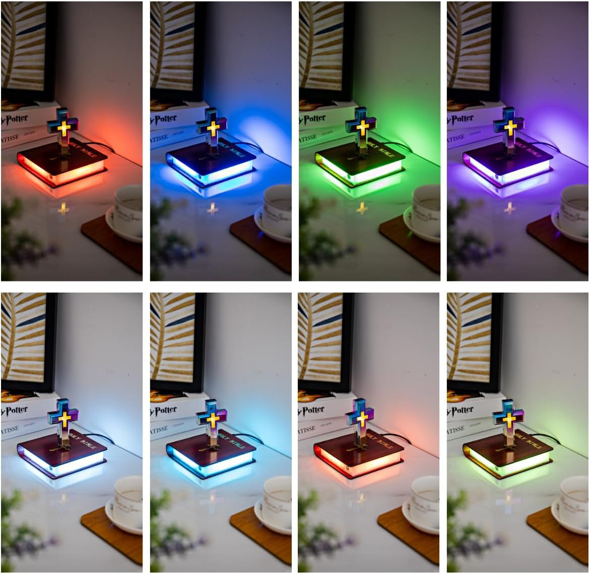Levitating Cross Lamp with Floating Cross over Bible