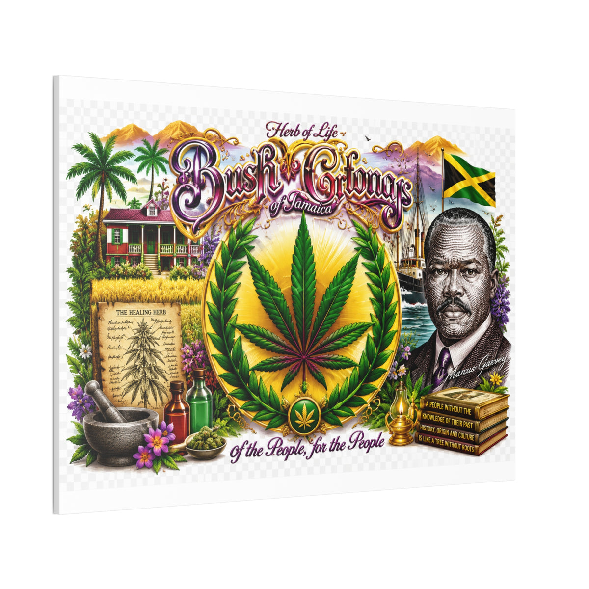 Reggae Herb of Life Canvas Print — Jamaican Rastafarian Cannabis Artwork, 'Bush & Curvns' Decorative Wall Art