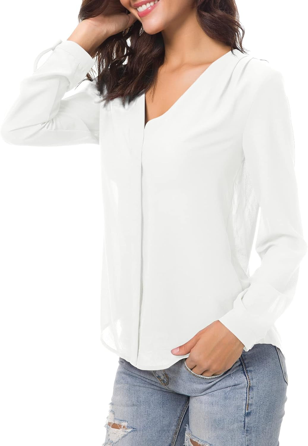 Women's V-Neck Ruffled Shoulder Chiffon Blouse with Button Down Closure for Business Casual Wear