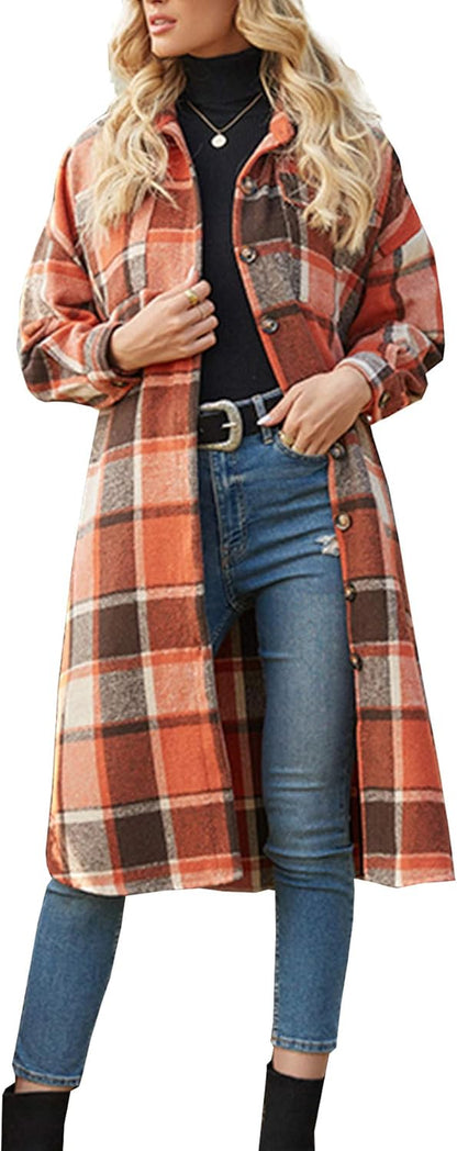 Women's Casual Wool Blend Plaid Shirt Jacket with Button Down and Pockets
