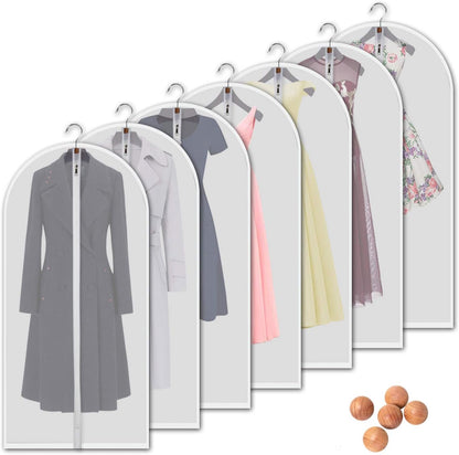 Clear Garment Bags for Hanging Clothes, 60 Inch, 7 Pack with 5 Cedar Balls