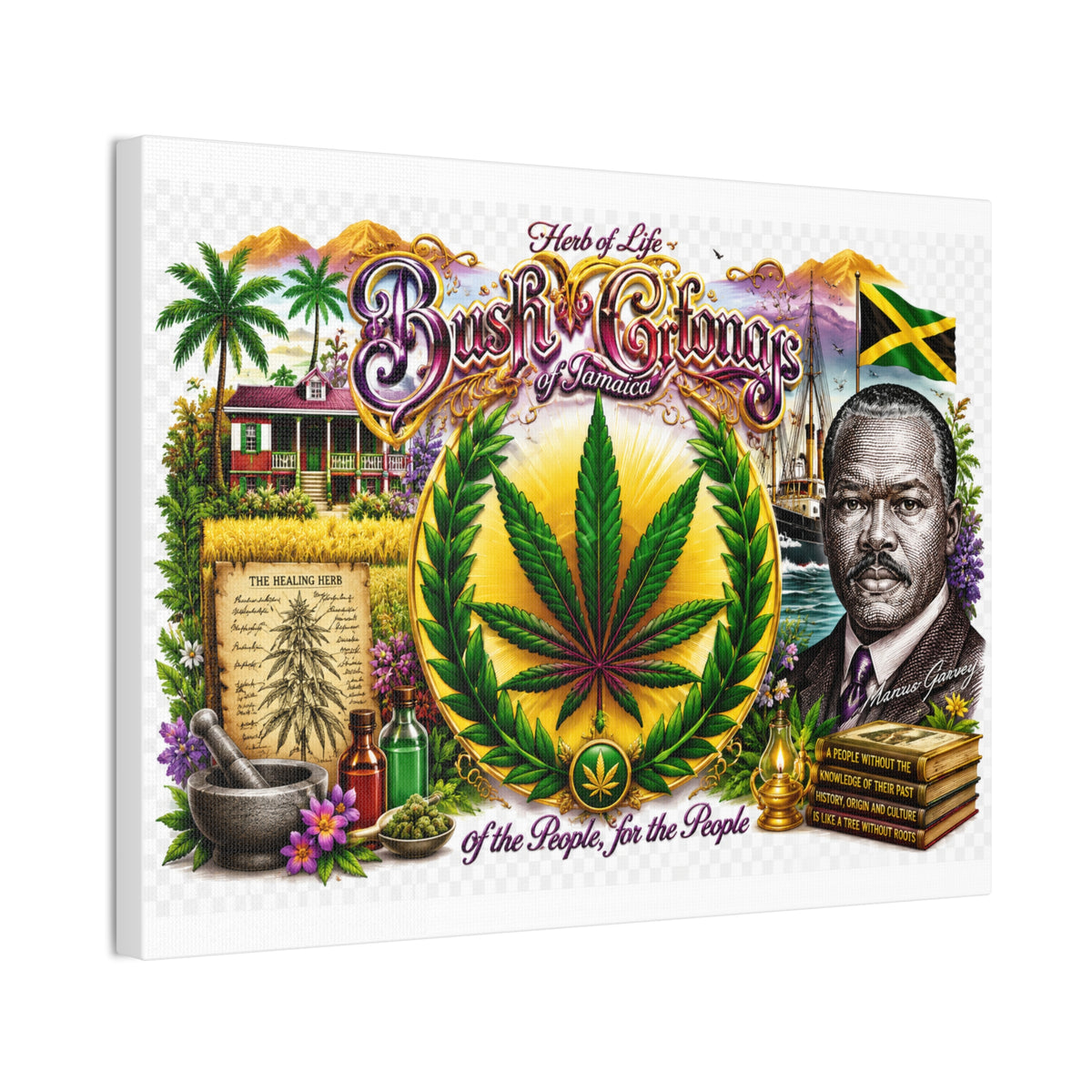 Reggae Herb of Life Canvas Print — Jamaican Rastafarian Cannabis Artwork, 'Bush & Curvns' Decorative Wall Art