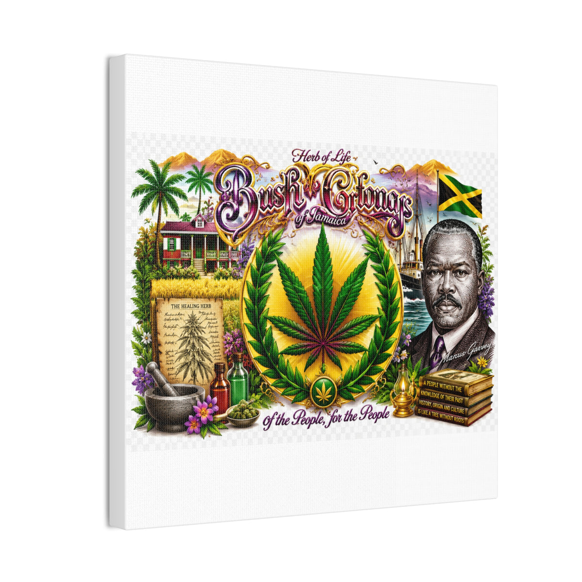 Reggae Herb of Life Canvas Print — Jamaican Rastafarian Cannabis Artwork, 'Bush & Curvns' Decorative Wall Art