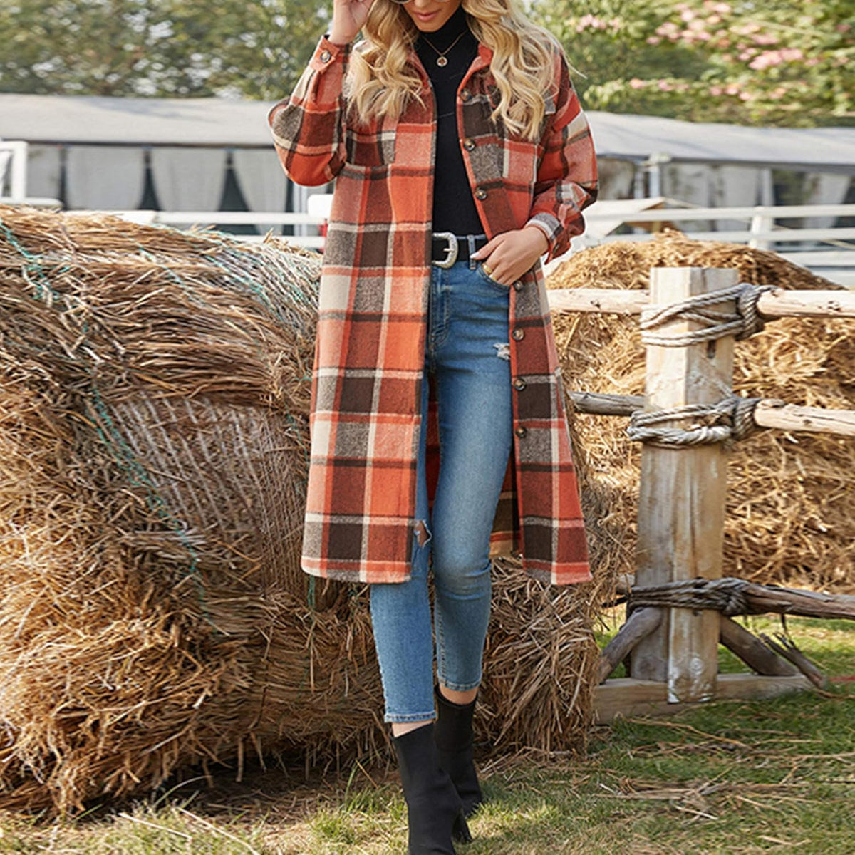 Women's Casual Wool Blend Plaid Shirt Jacket with Button Down and Pockets