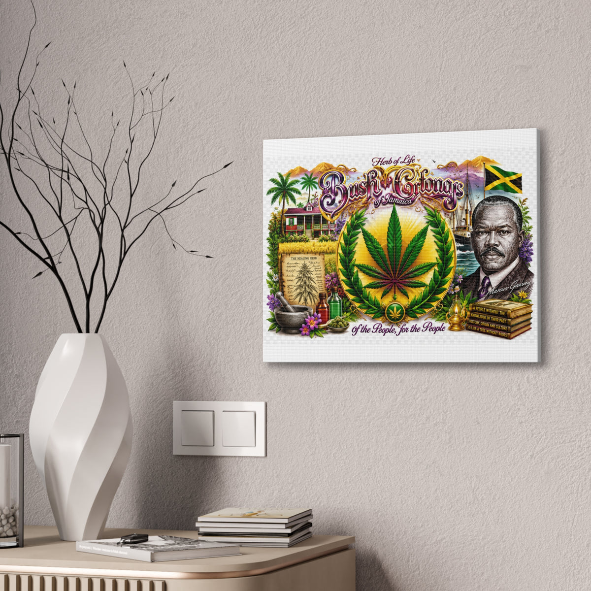 Reggae Herb of Life Canvas Print — Jamaican Rastafarian Cannabis Artwork, 'Bush & Curvns' Decorative Wall Art