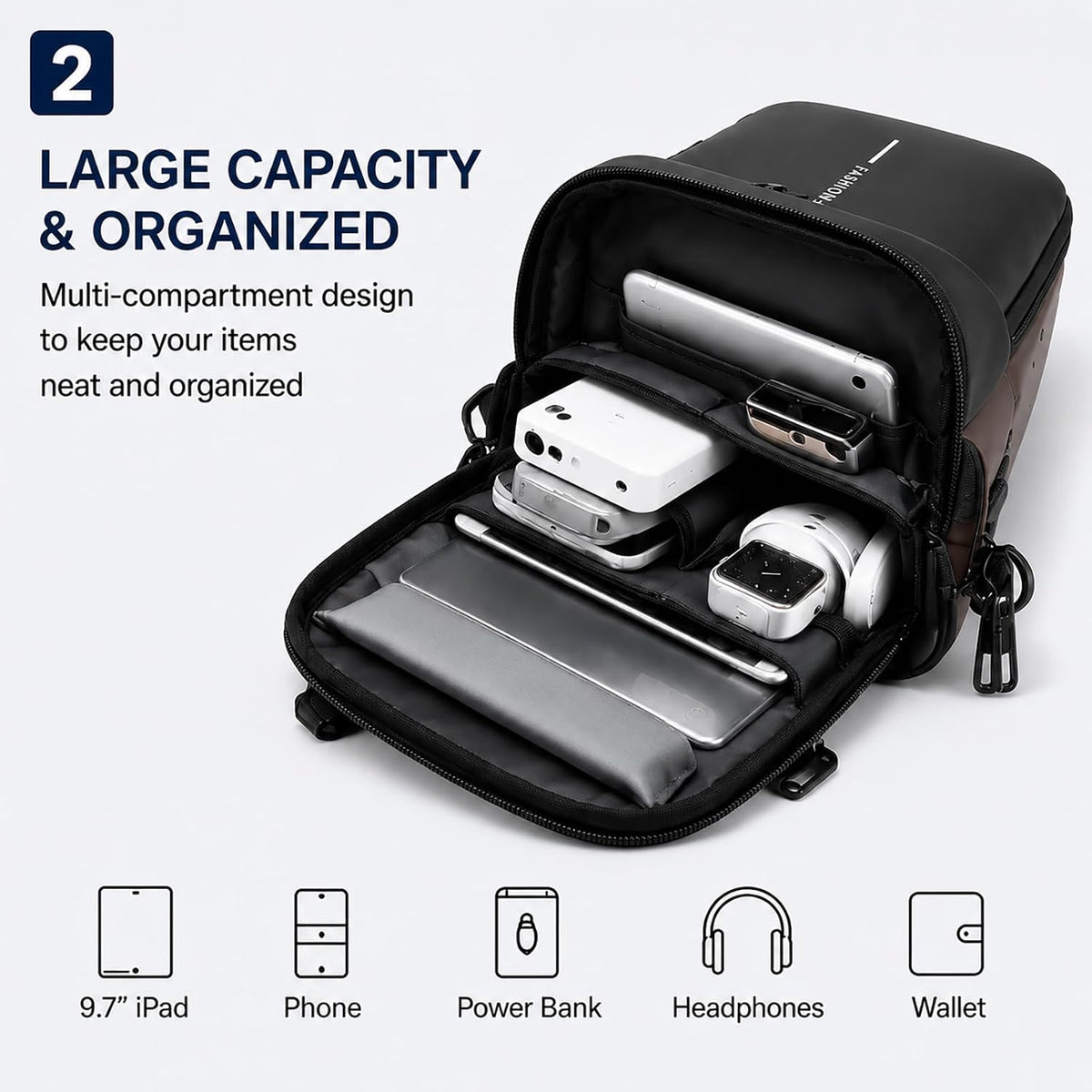 Sling Bag for Men Women, Theft Crossbody Backpack with USB Charging Port, Waterproof Chest Bag with Password Lock