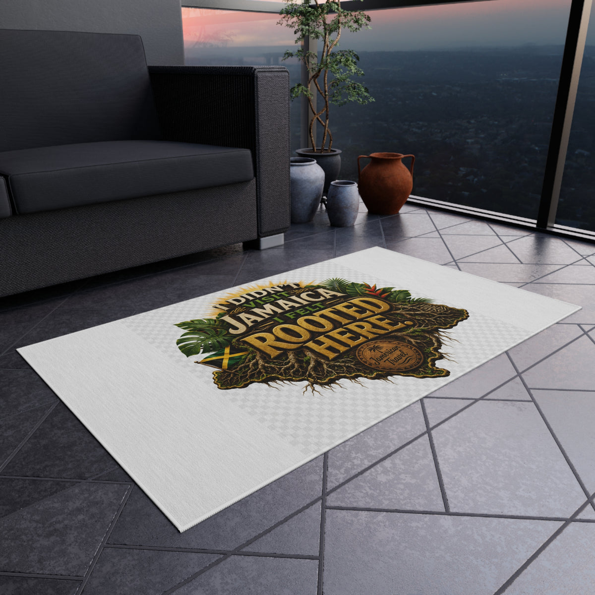 Outdoor Rug — "I Didn’t Visit Jamaica, I Felt Rooted Here" Tropical Welcome Mat