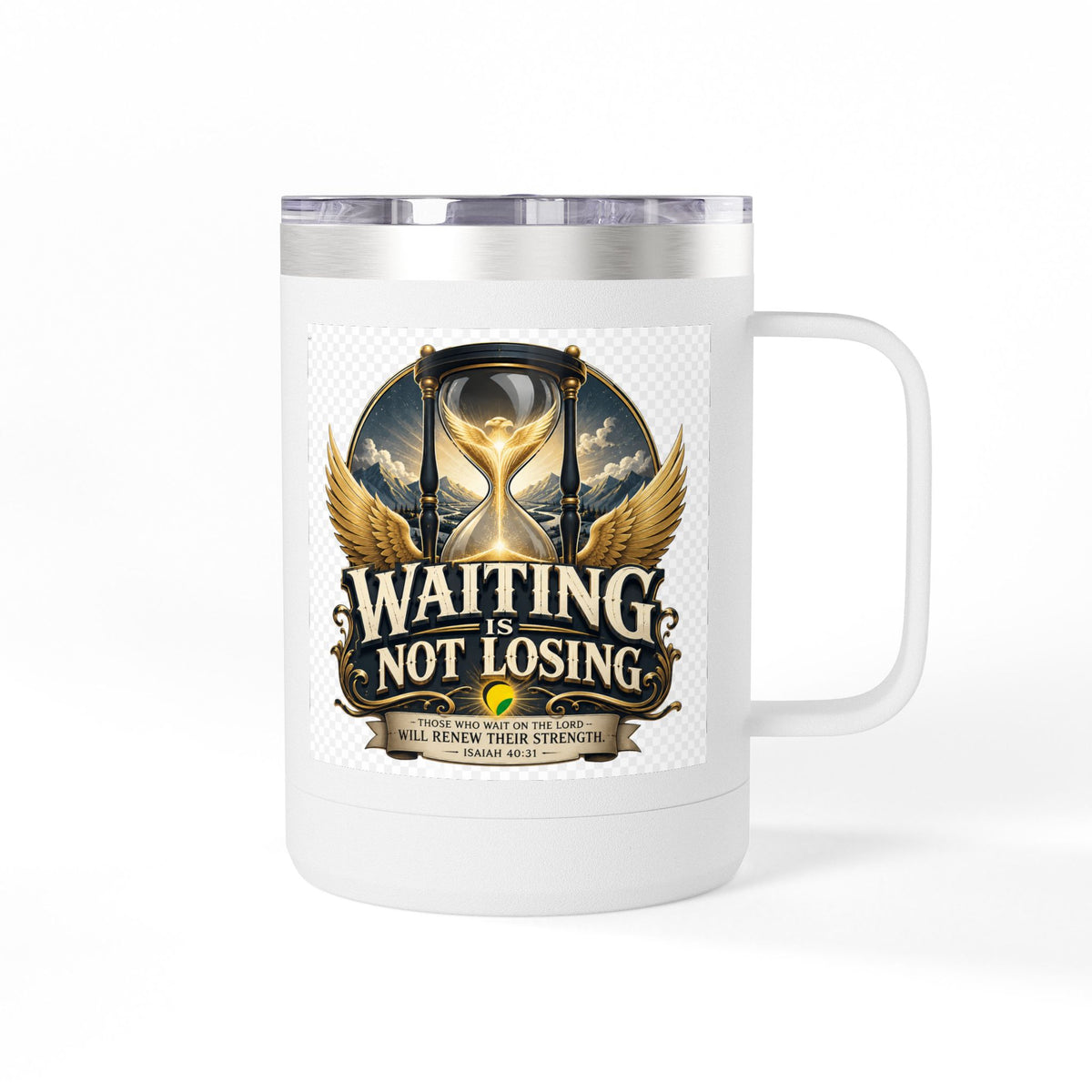 Waiting Is Not Losing mug | Inspirational hourglass design, gold wings, 15oz tumbler