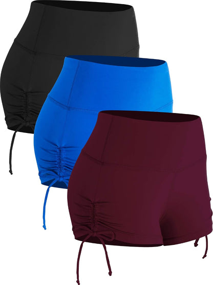 Women's High Waisted Athletic Booty Shorts - 3 Pack in Black, Blue, and Wine Red, Size Medium