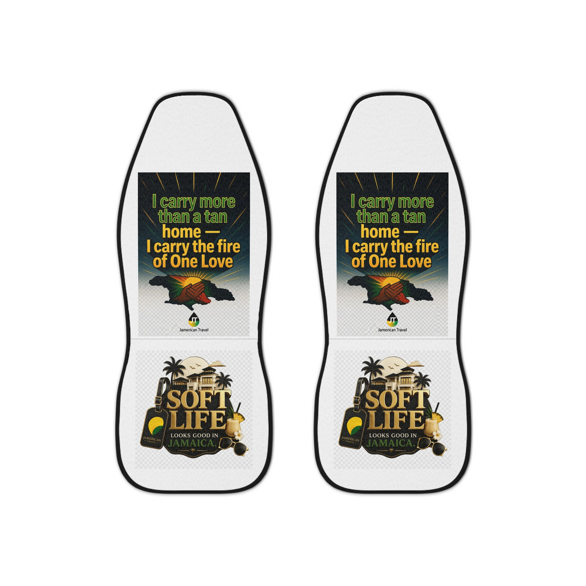 One Love Jamaica Car Seat Covers — "I Carry the Fire of One Love" Tropical Beach Design