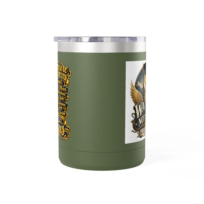 Waiting Is Not Losing mug | Inspirational hourglass design, gold wings, 15oz tumbler