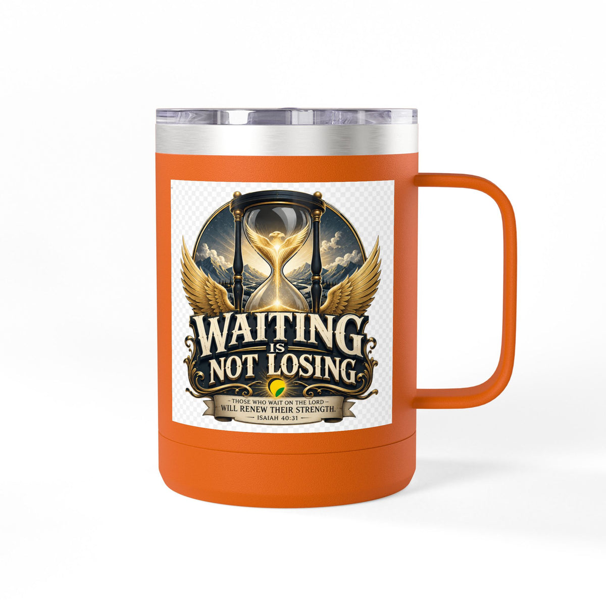 Waiting Is Not Losing mug | Inspirational hourglass design, gold wings, 15oz tumbler