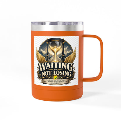 Waiting Is Not Losing mug | Inspirational hourglass design, gold wings, 15oz tumbler