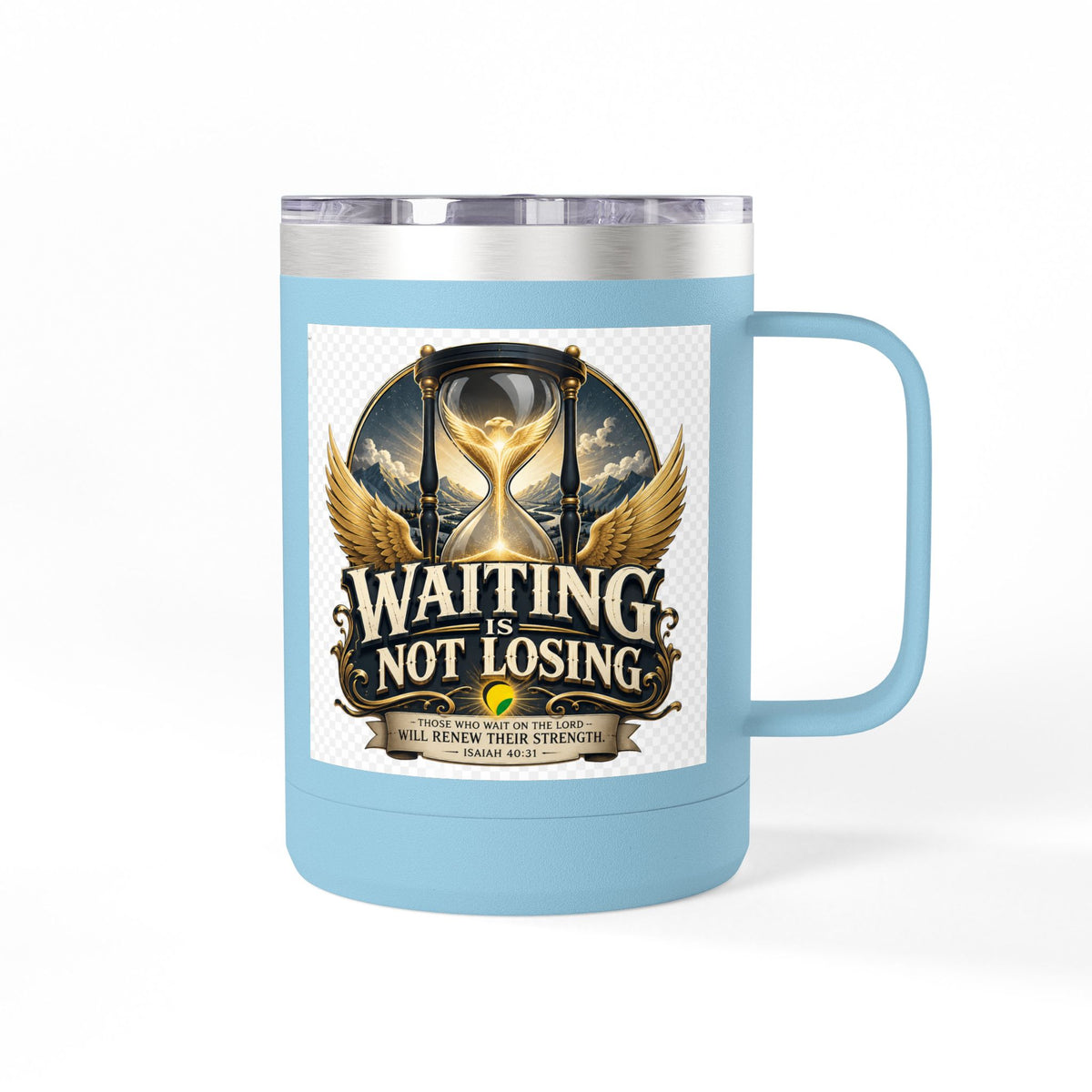 Waiting Is Not Losing mug | Inspirational hourglass design, gold wings, 15oz tumbler
