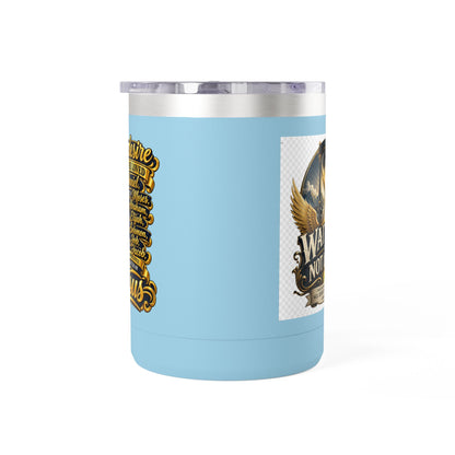 Waiting Is Not Losing mug | Inspirational hourglass design, gold wings, 15oz tumbler