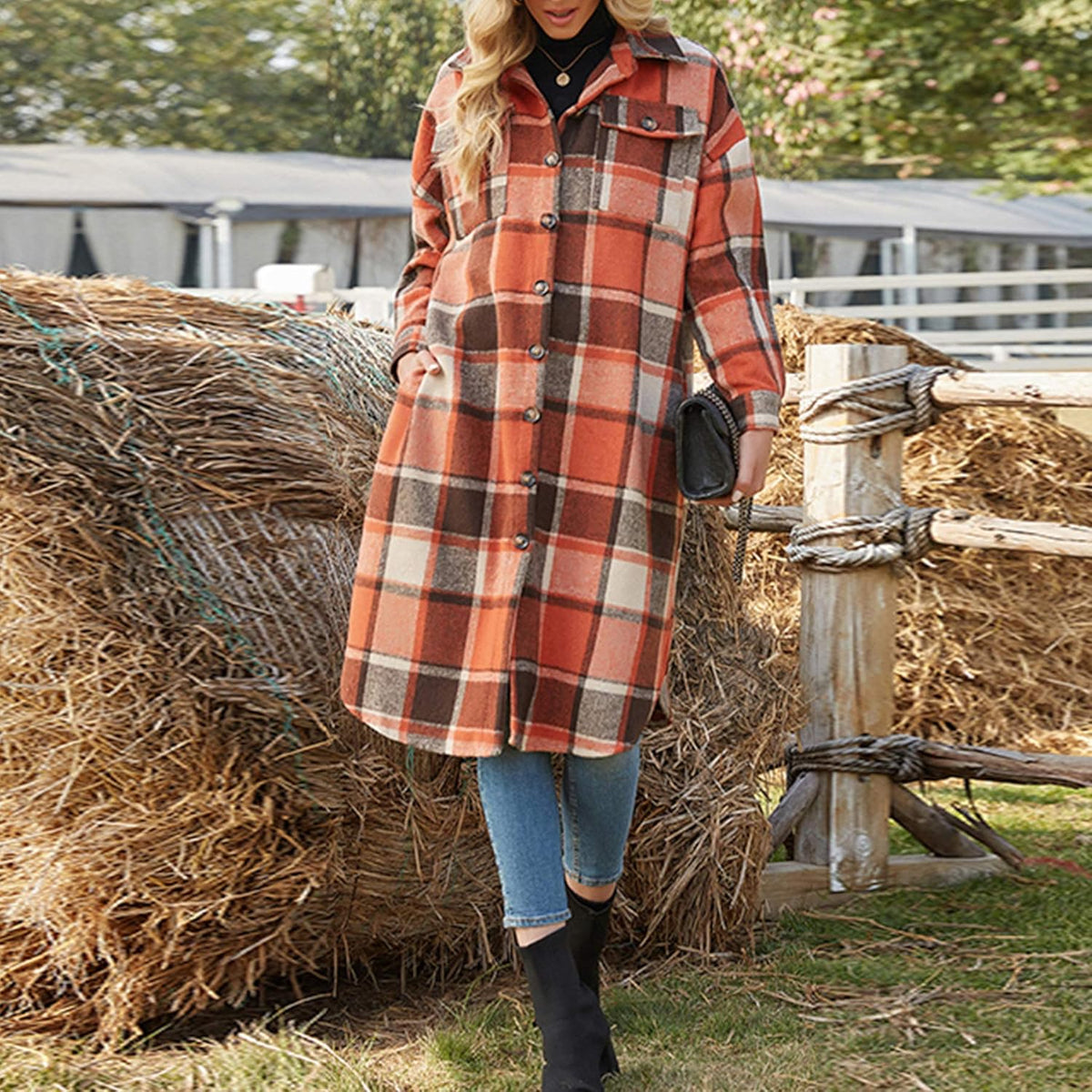 Women's Casual Wool Blend Plaid Shirt Jacket with Button Down and Pockets
