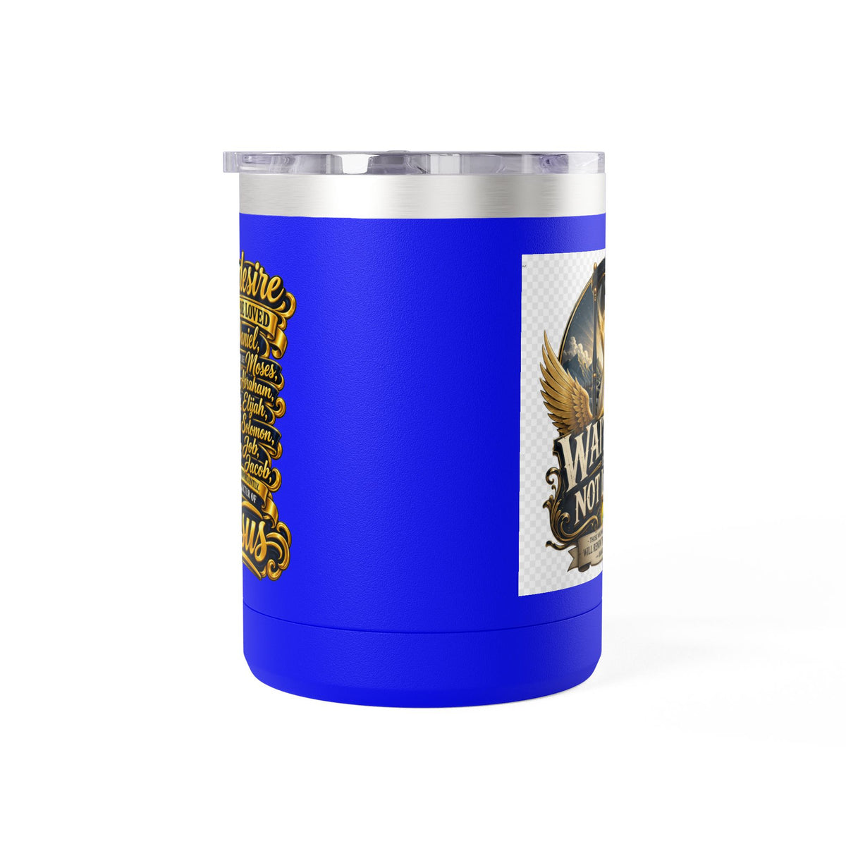 Waiting Is Not Losing mug | Inspirational hourglass design, gold wings, 15oz tumbler