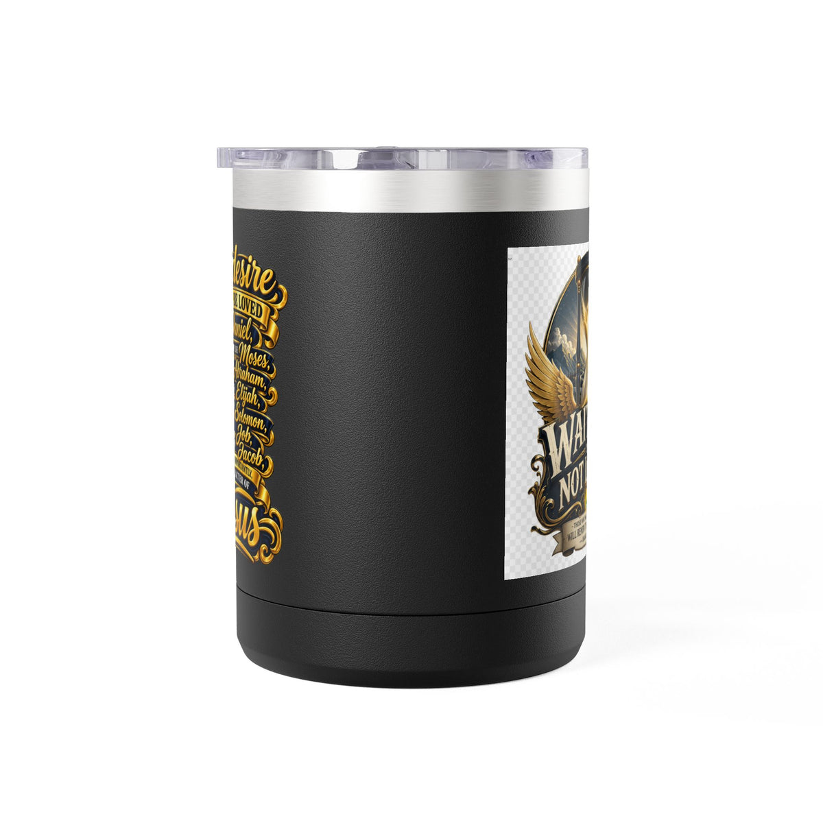 Waiting Is Not Losing mug | Inspirational hourglass design, gold wings, 15oz tumbler