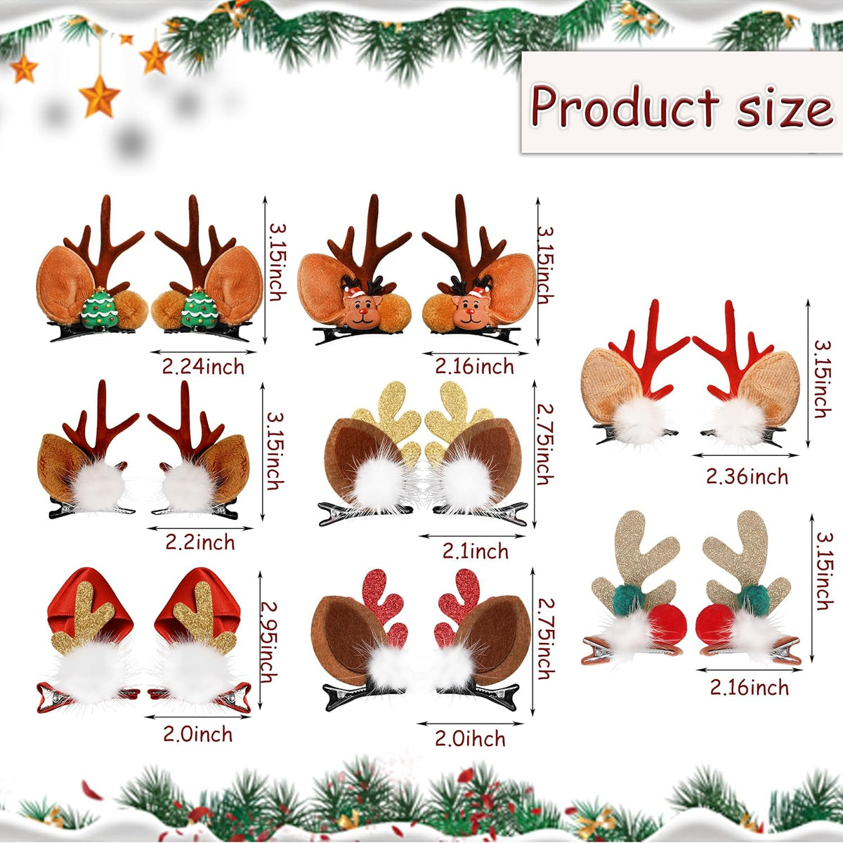 16PCS Reindeer Antler Hair Clips Christmas Pine Cone Headband