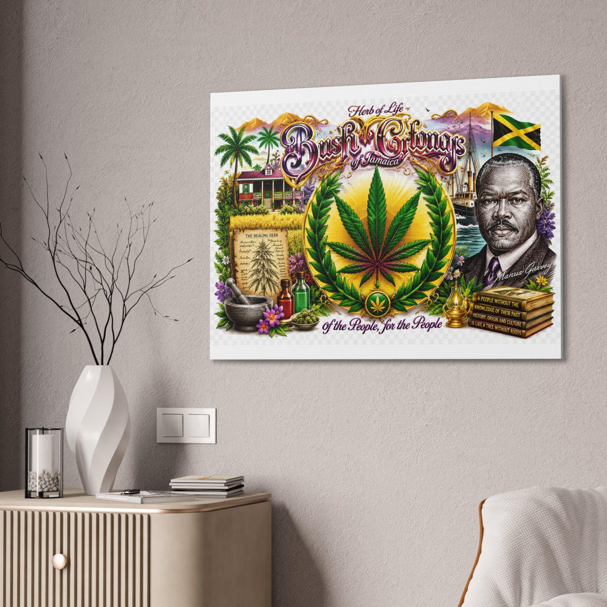 Reggae Herb of Life Canvas Print — Jamaican Rastafarian Cannabis Artwork, 'Bush & Curvns' Decorative Wall Art