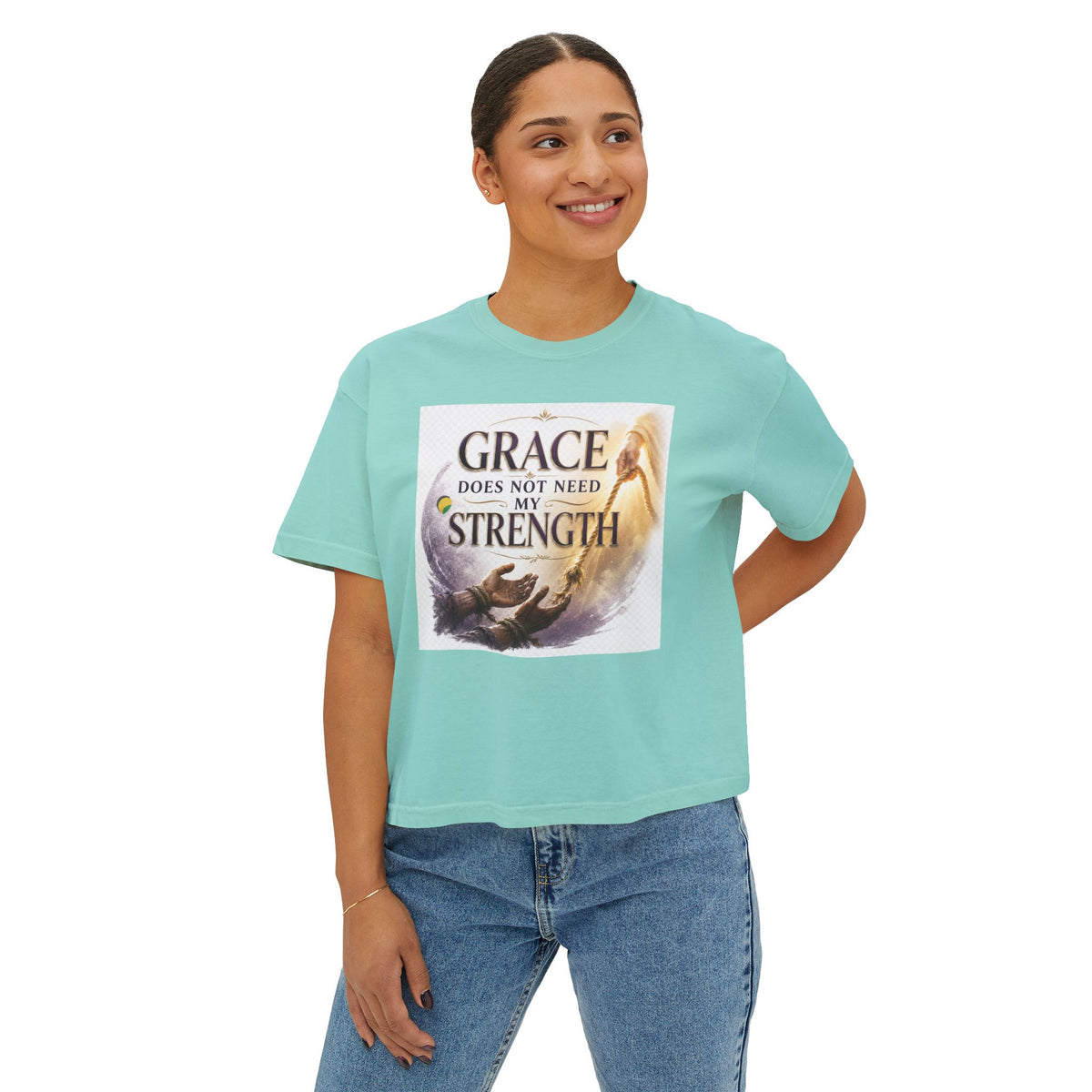 Christian Inspirational Boxy Tee — "Grace Does Not Need Strength" / "My Soul Will Hope Again"