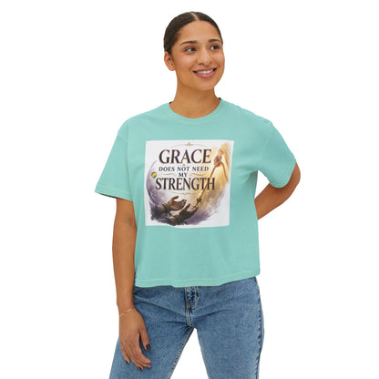 Christian Inspirational Boxy Tee — "Grace Does Not Need Strength" / "My Soul Will Hope Again"