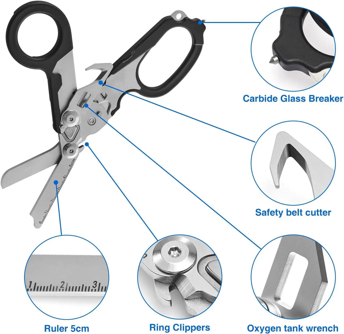 6In1 Multifunctional Trauma Shears Emergency Response Scissors with Seatbelt Cutter Glass Breaker for Outdoor Rescue First Aid