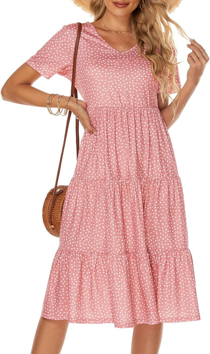 Women's Casual Summer Tiered Midi Dress with V-Neck - Bohemian Sundress 2026