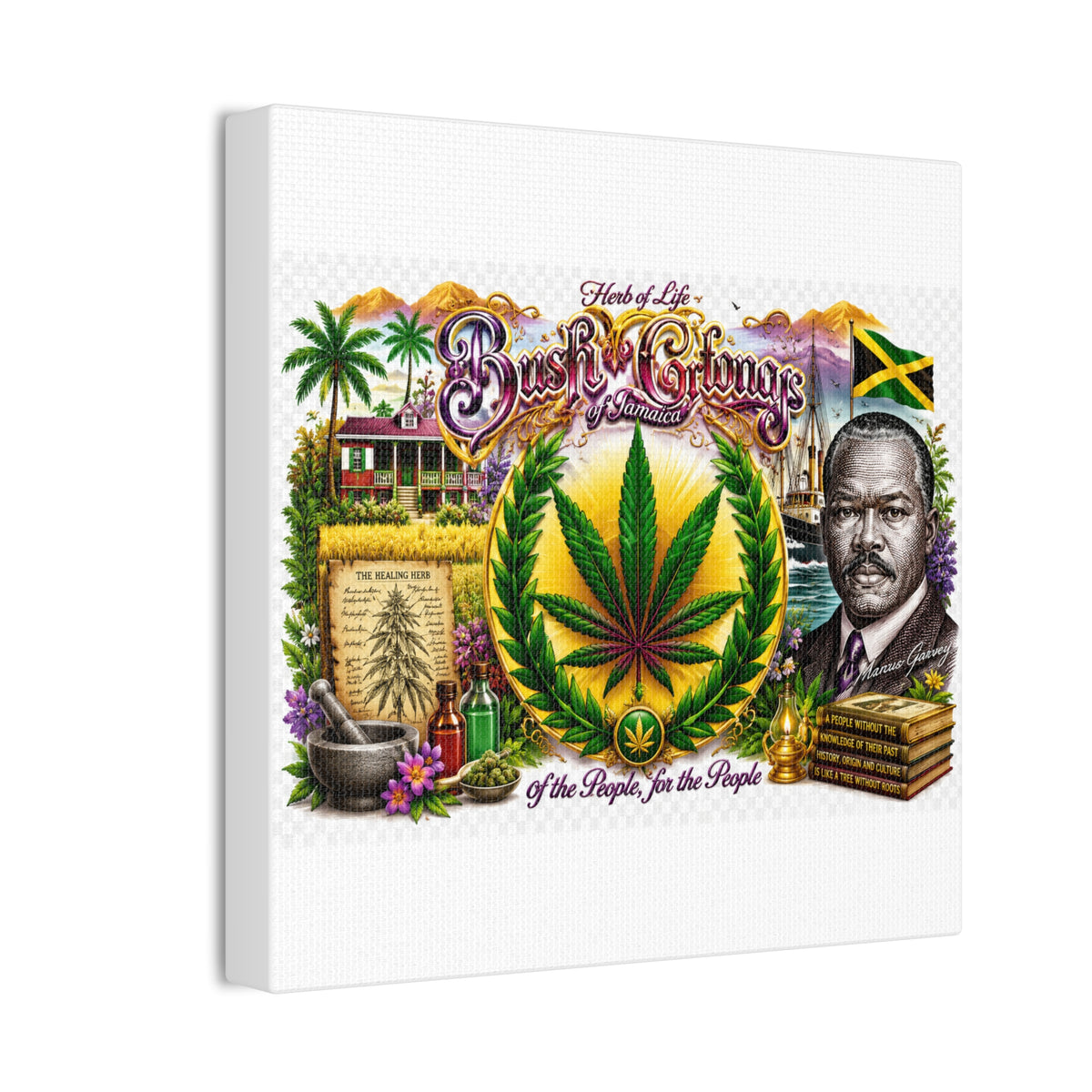Reggae Herb of Life Canvas Print — Jamaican Rastafarian Cannabis Artwork, 'Bush & Curvns' Decorative Wall Art