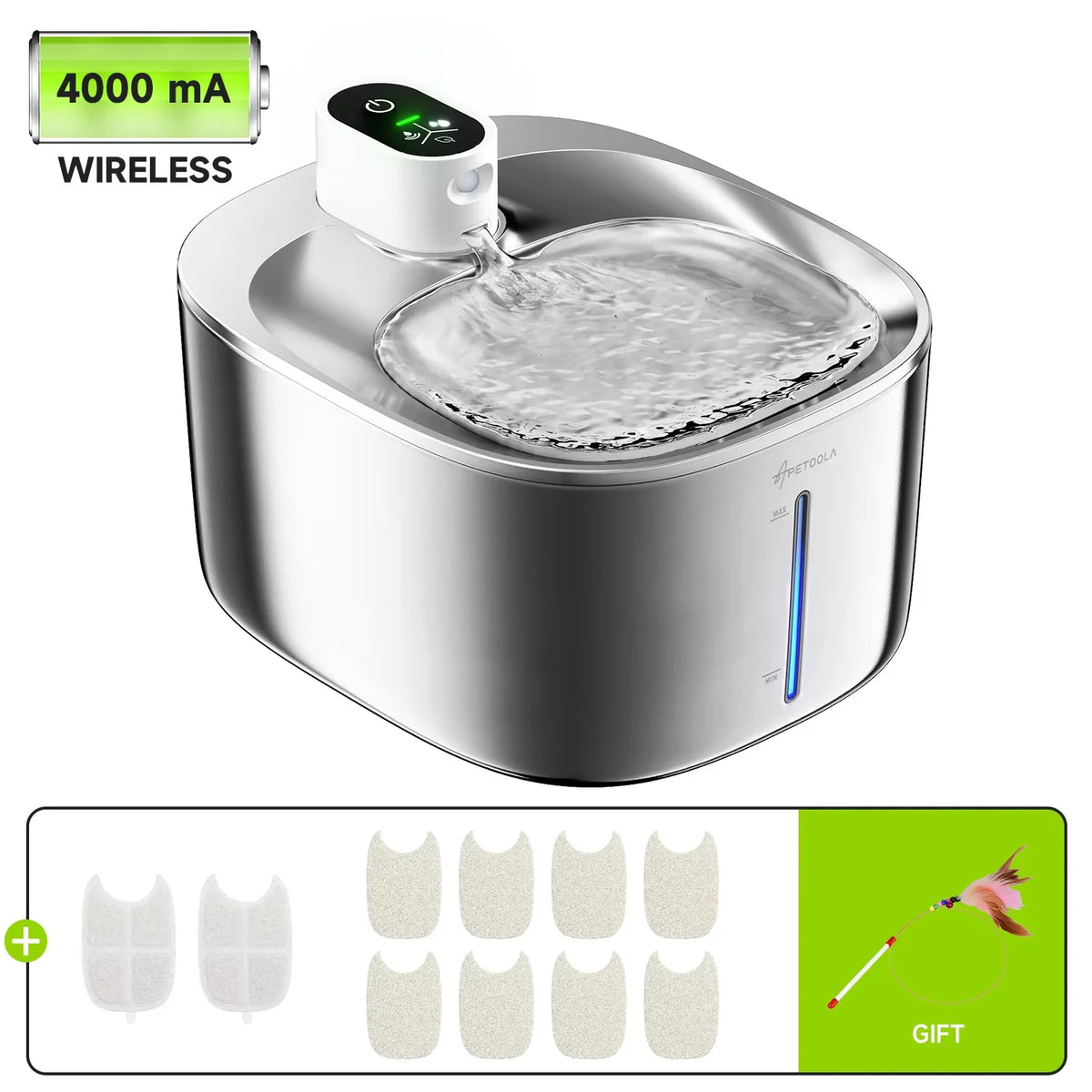 4L Automatic Stainless Steel Cat Water Fountain 4000Mah Wireless Cat Dog Drinker Pet Water Dispenser with 2Pcs Filters