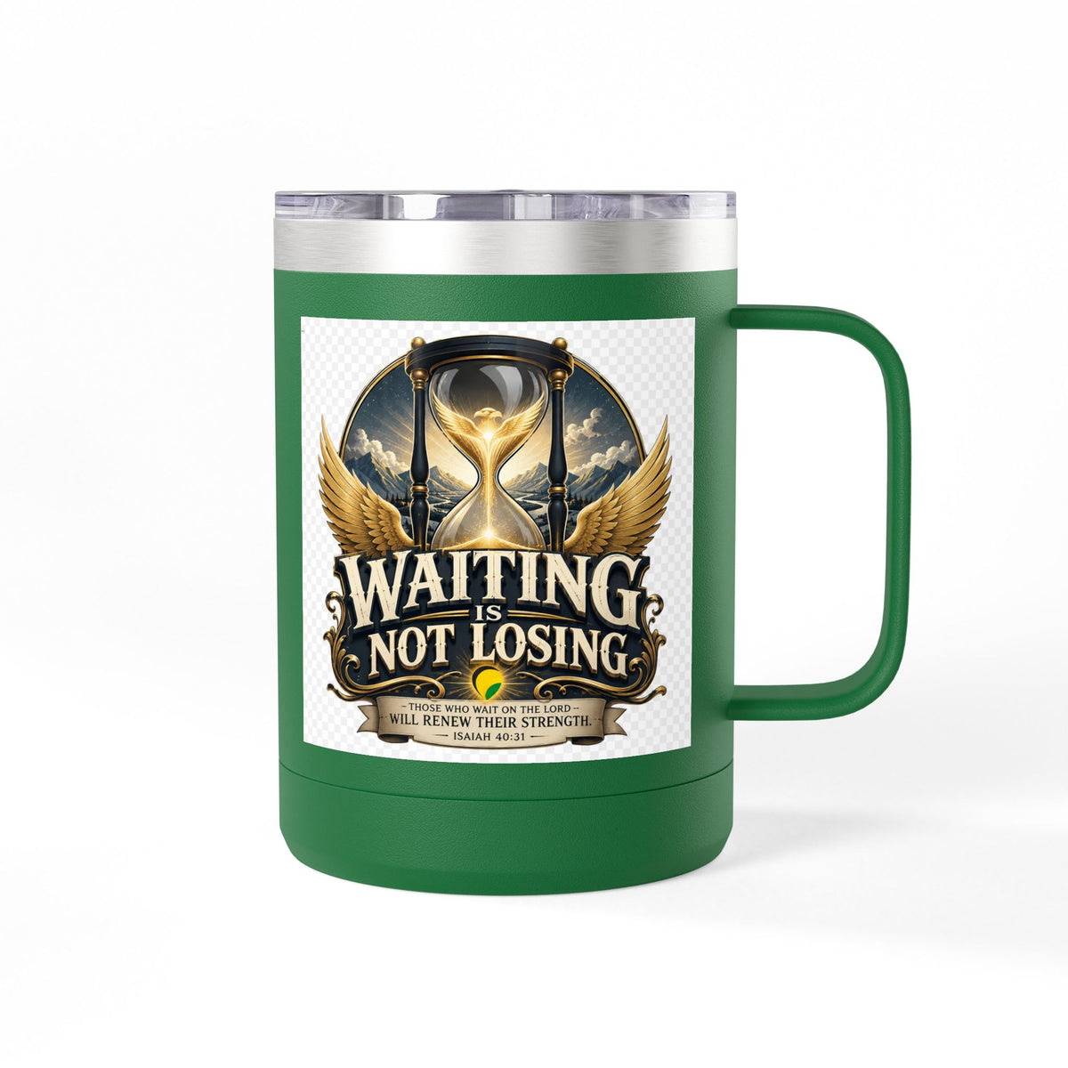 Waiting Is Not Losing mug | Inspirational hourglass design, gold wings, 15oz tumbler