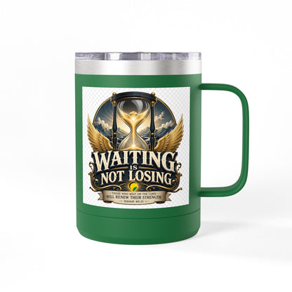 Waiting Is Not Losing mug | Inspirational hourglass design, gold wings, 15oz tumbler