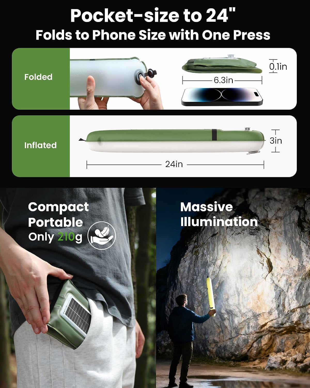 24" Inflatable Solar Camping Lantern IP66 TPU Emergency Hiking Light(Green)