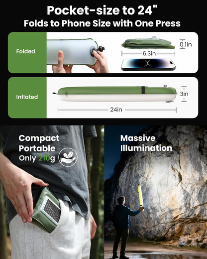 24" Inflatable Solar Camping Lantern IP66 TPU Emergency Hiking Light(Green)