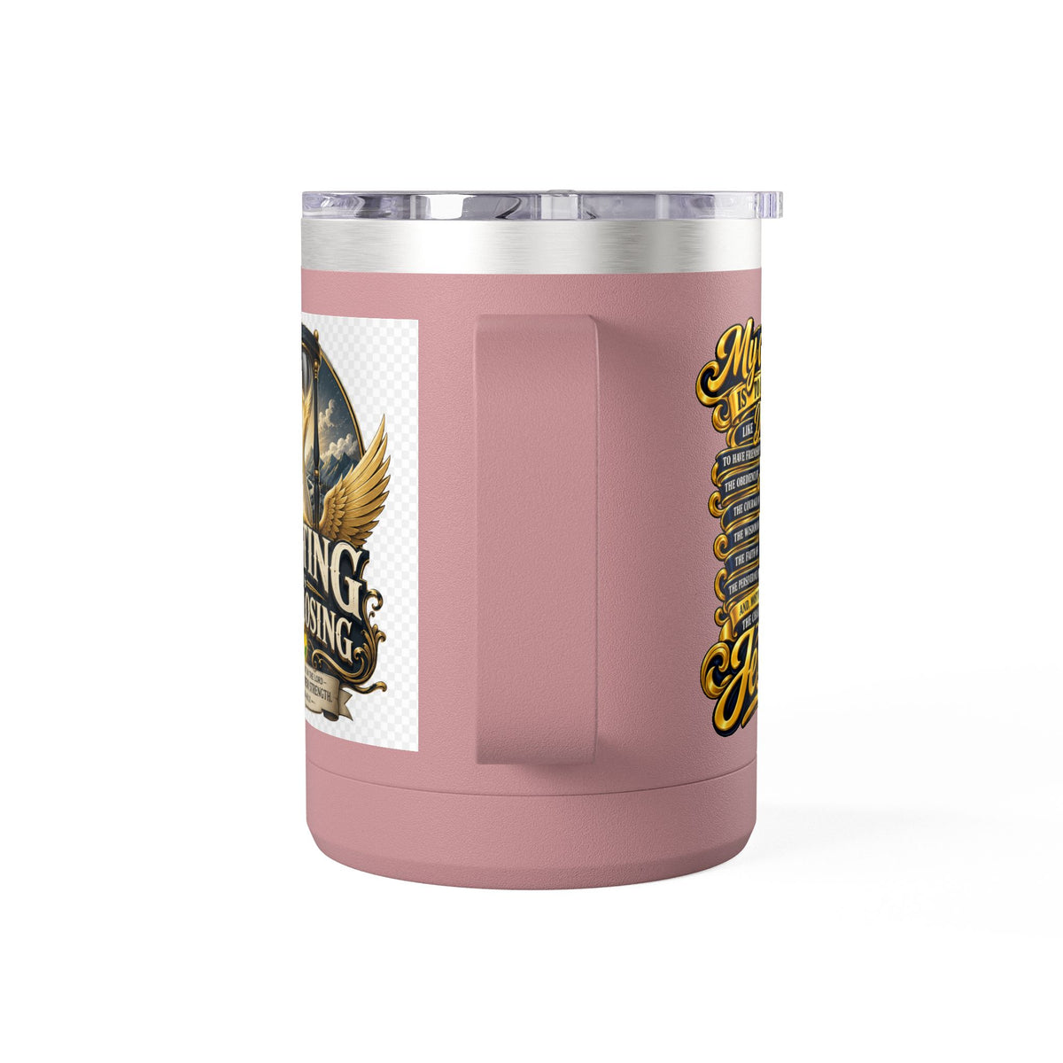 Waiting Is Not Losing mug | Inspirational hourglass design, gold wings, 15oz tumbler