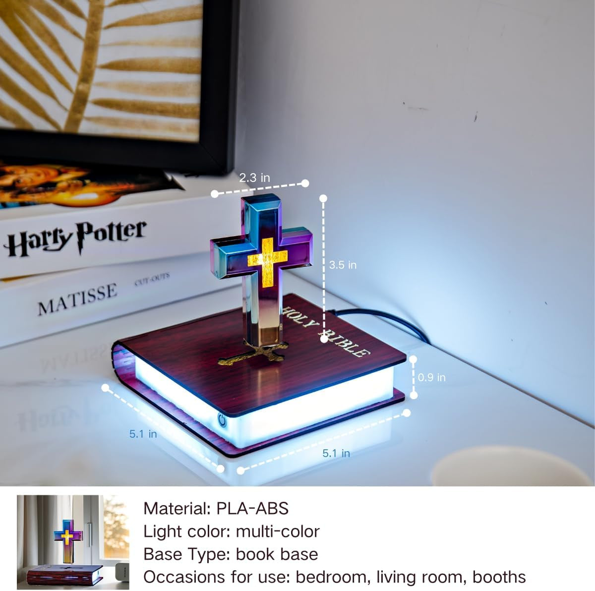 Levitating Cross Lamp with Floating Cross over Bible